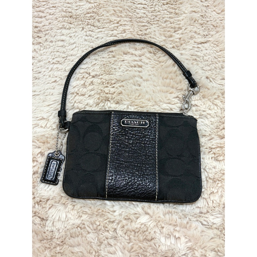 Y2K Vintage Coach Black Leather Canvas Small Purse Wristlet Purple Lining